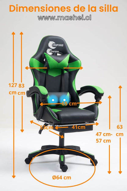 "Silla Gamer OnFire con Reposapiés y Masajeador Lumbar – Diseño Ergonómico y Garantía de 3 Meses"