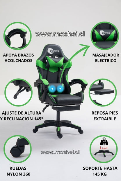 "Silla Gamer OnFire con Reposapiés y Masajeador Lumbar – Diseño Ergonómico y Garantía de 3 Meses"