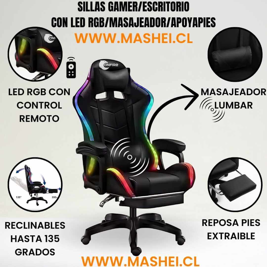 Silla Gamer ONFIRE con Masajeador Lumbar – Diseño Ergonómico y Luz RGB